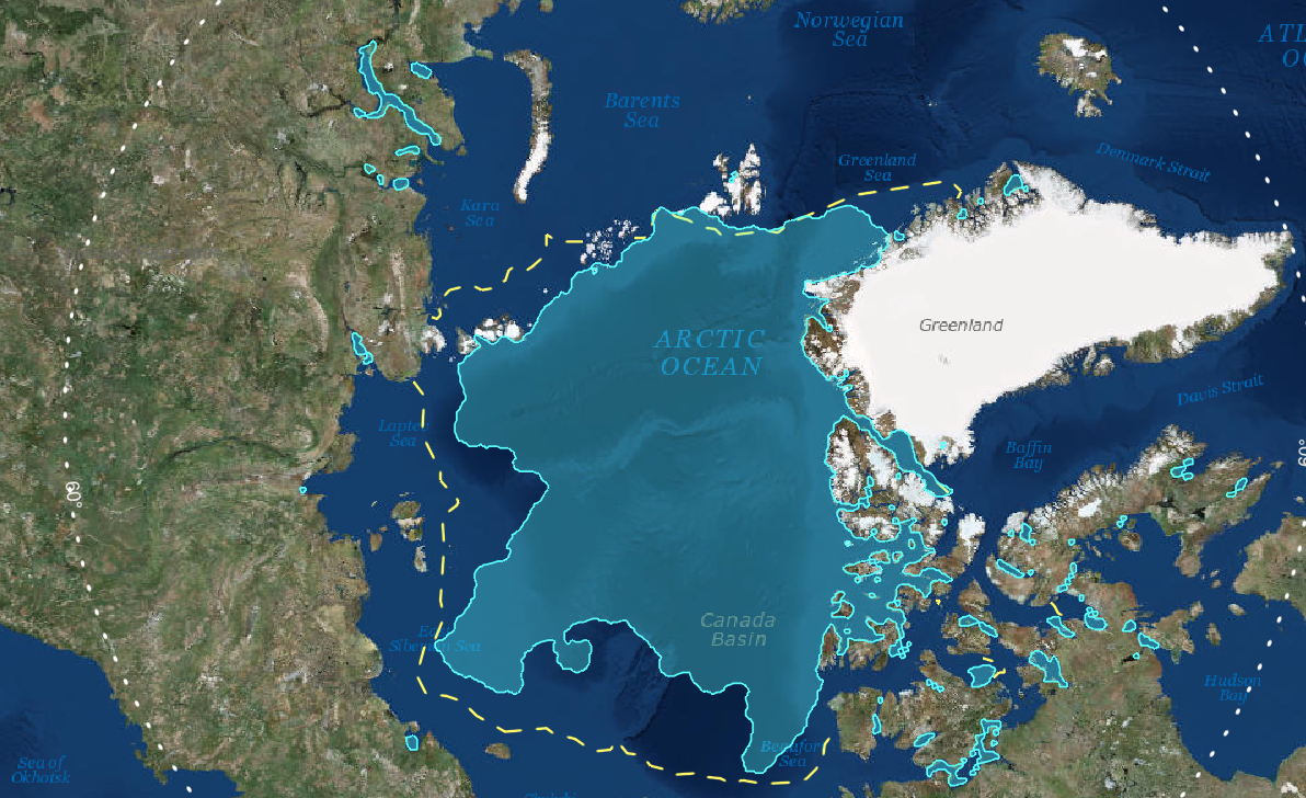 A map of the area surrounding Greenland in realistic green and blue with a large region of the ocean shaded a lighter blue
